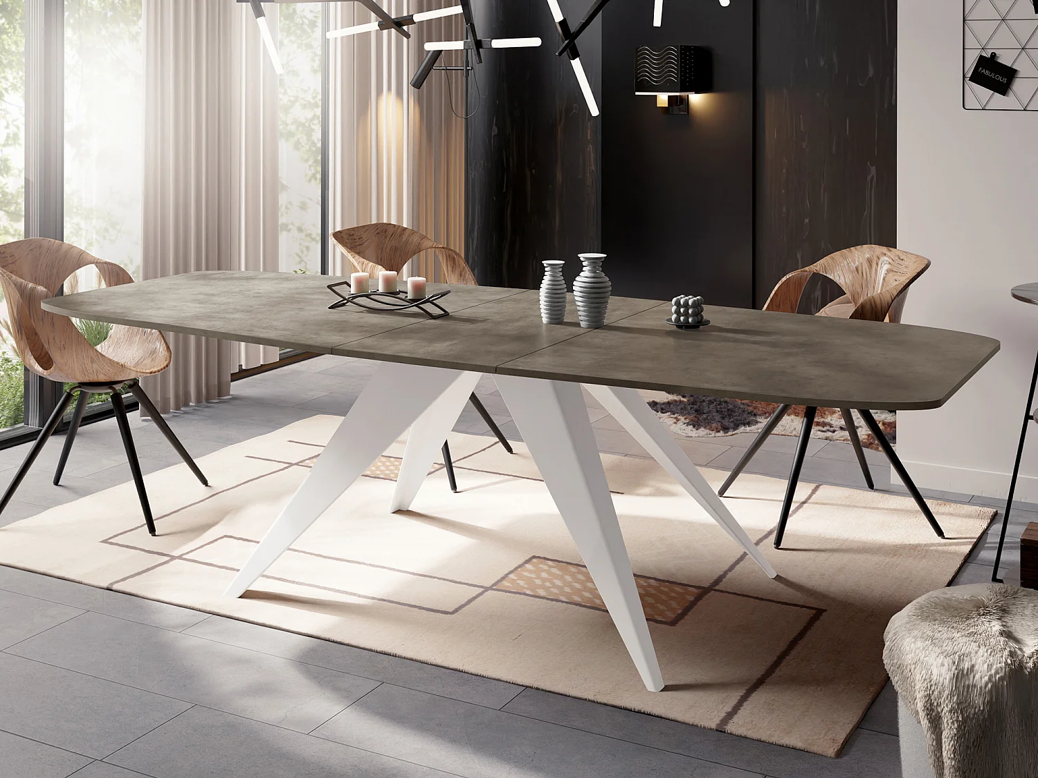 Ausziehbarer Esstisch im Loft-Stil - Industrieller Tisch mit Weißen Metallbeinen - Modernes Design für Wohnzimmer 180 cm Ausziehbar auf 220 cm - Chicago Beton Grau