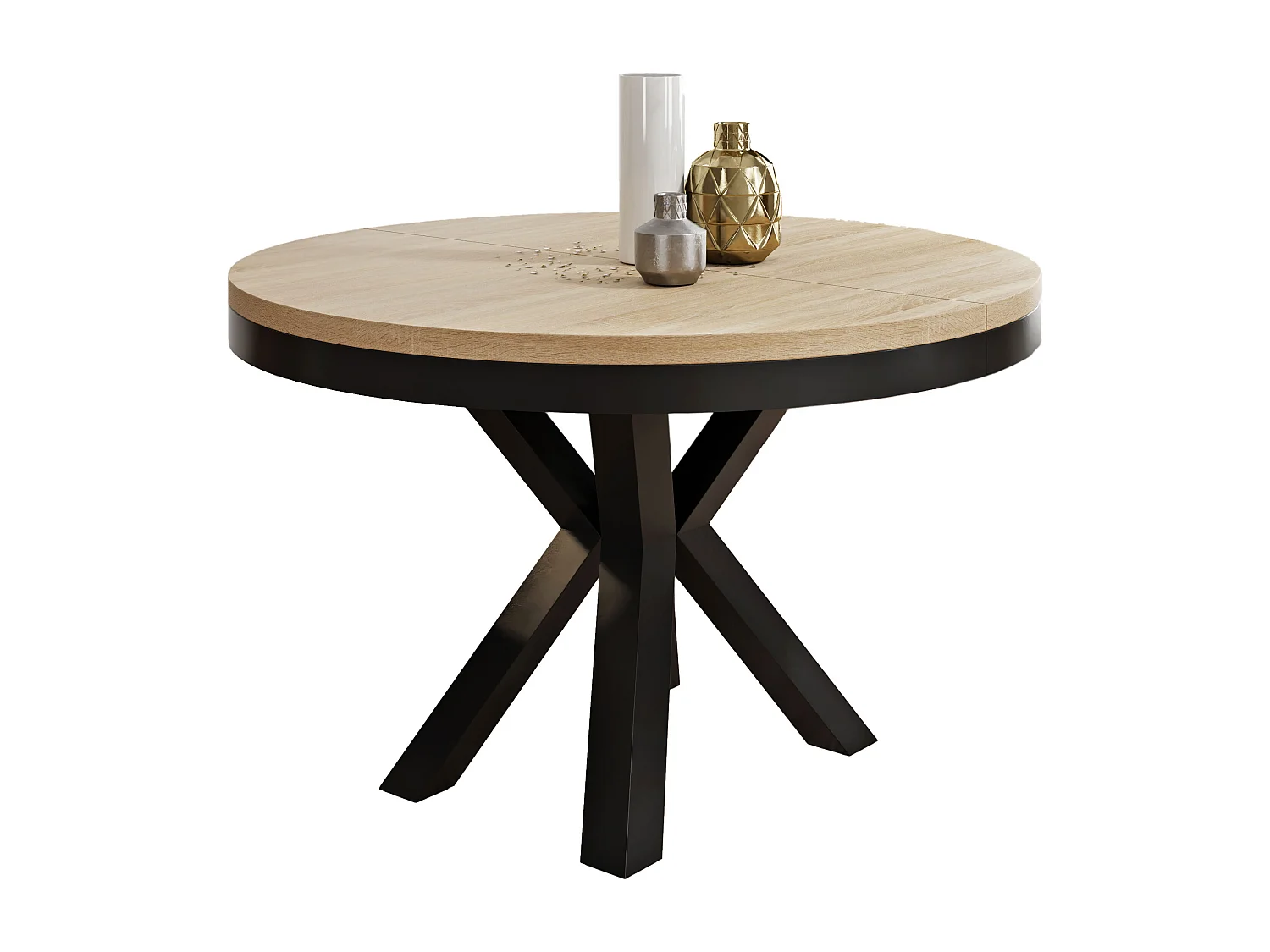 Runder Ausziehbarer Esstisch im Loft-Stil - Industrieller Tisch mit Schwarzen Metallbeinen - Platzsparender Tisch für Wohnzimmer - Sonoma Eiche - 100 bis 180 cm