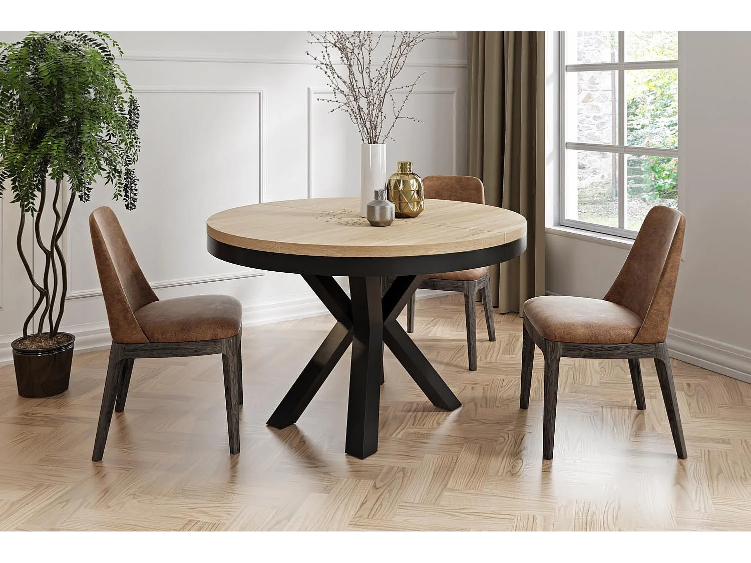 Runder Ausziehbarer Esstisch im Loft-Stil - Industrieller Tisch mit Schwarzen Metallbeinen - Platzsparender Tisch für Wohnzimmer - Sonoma Eiche - 100 bis 180 cm