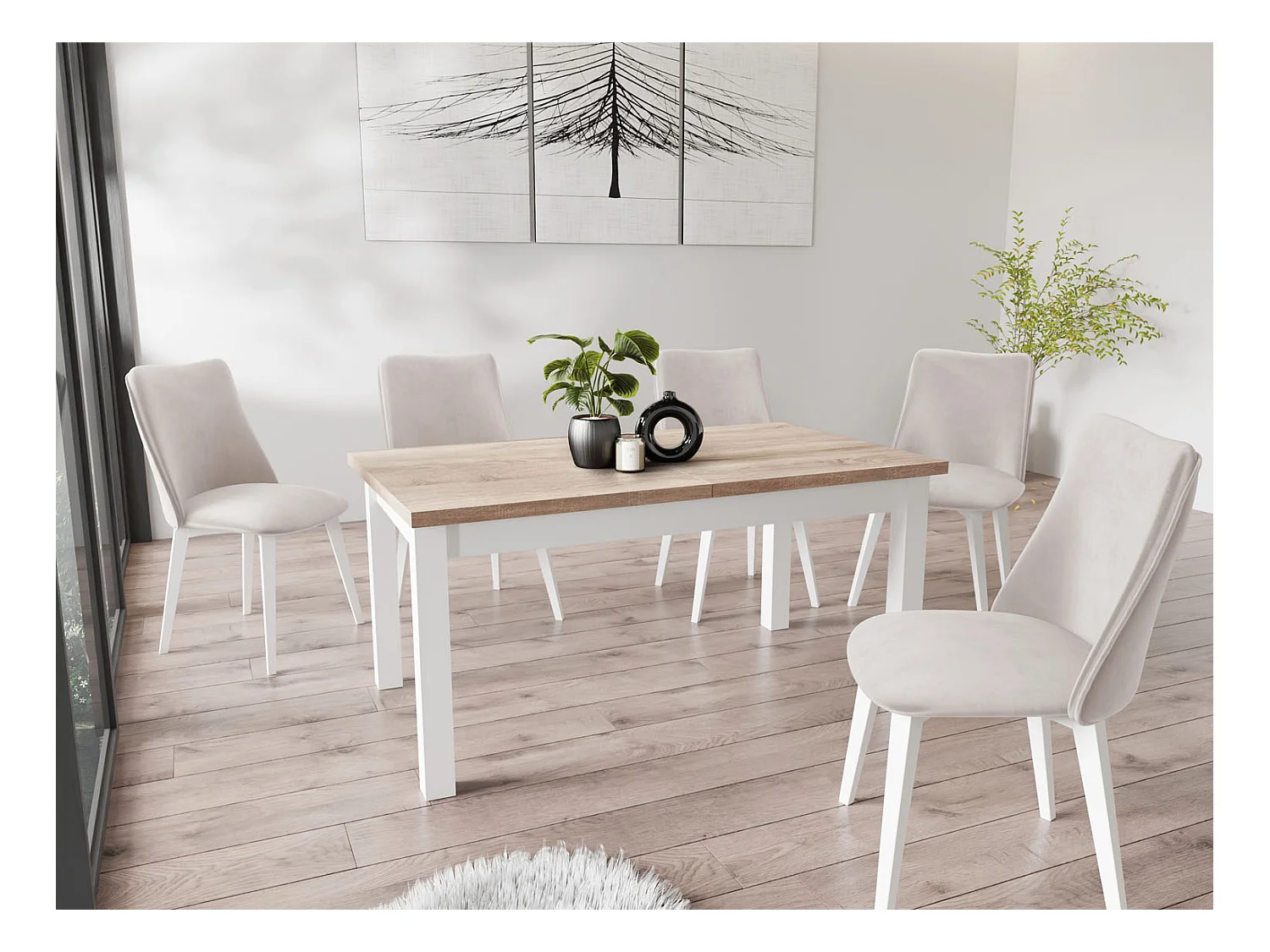 Moderner Rechteckiger Ausziehbarer Esstisch - Platzsparend - Weiße Holzbeine - 160 bis 200 cm - Hergestellt in EU - 160 x 80 cm - Sonoma Eiche