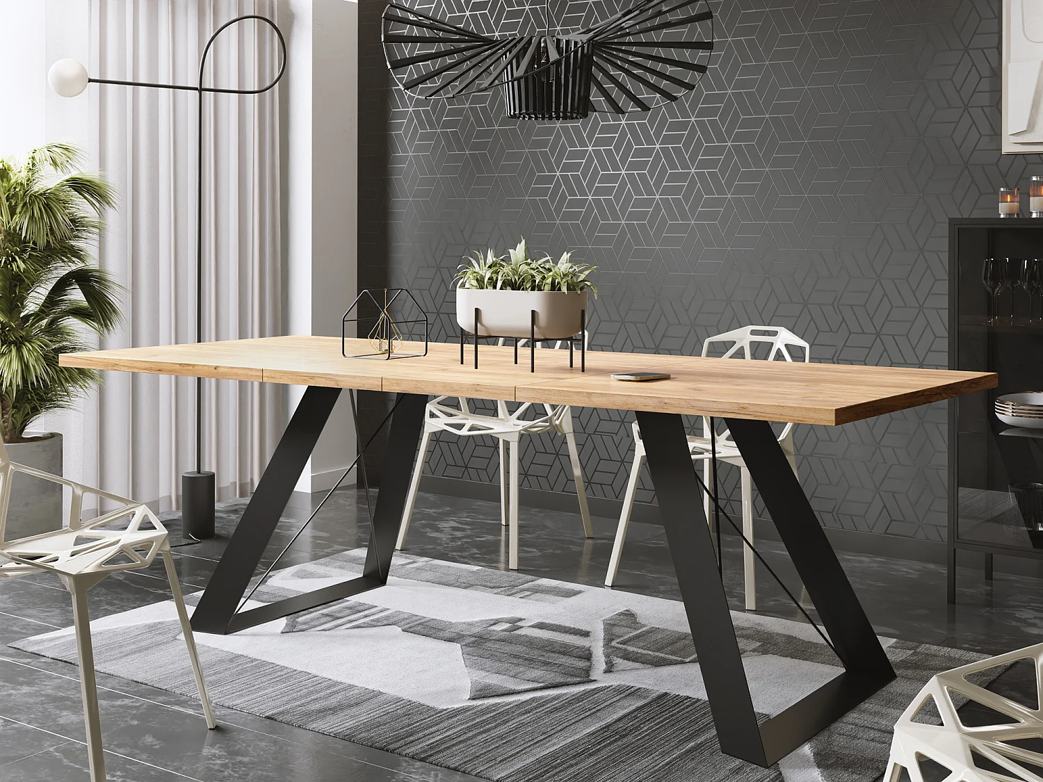 Esstisch Colter Schwarz im Modern Still, Rechteckig Tisch - Ausziehbar von 140 cm bis 240 cm, Pulverbeschichtete Weiße Metallbeine - 140 x 80 cm - Craft Eiche