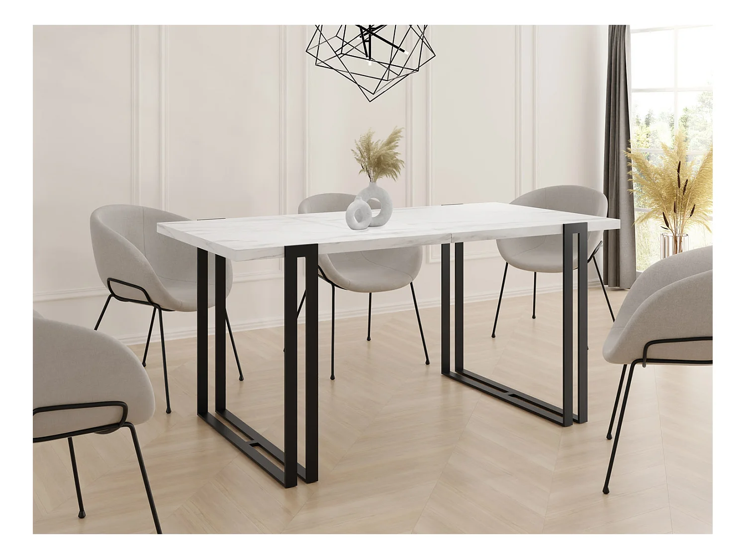Ausziehbarer Esstisch - Großer Tisch im Loft-Stil mit Schwarzen Metallbeinen 120 bis 220 cm - Industrietisch für das Wohnzimmer - Marmor Weiß - 120 x 80 cm