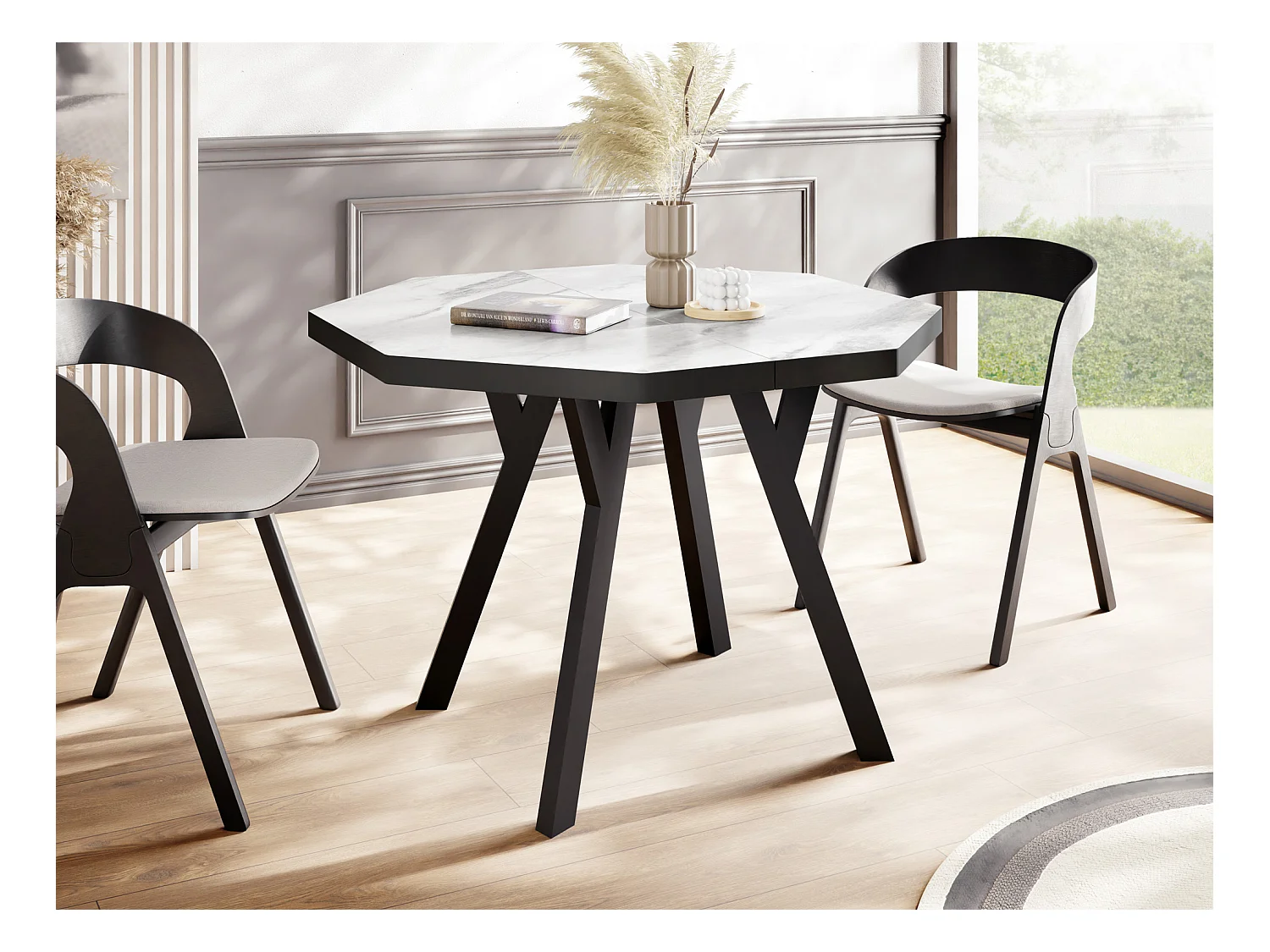 Moderner Runder Ausziehbarer Esstisch Desmond mit Schwarzen Holzbeinen – Erweiterbar bis 200 cm Ideal für 4 bis 8 Personen Loft-Stil Tisch für Küche - Marmor Weiß