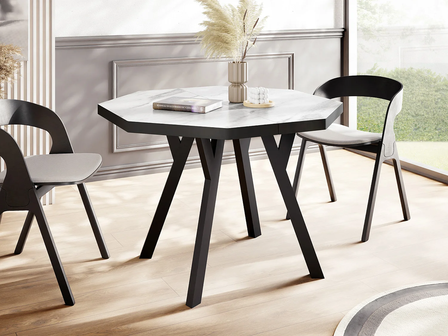 Moderner Runder Ausziehbarer Esstisch Desmond mit Schwarzen Holzbeinen – Erweiterbar bis 200 cm Ideal für 4 bis 8 Personen Loft-Stil Tisch für Küche - Marmor Weiß