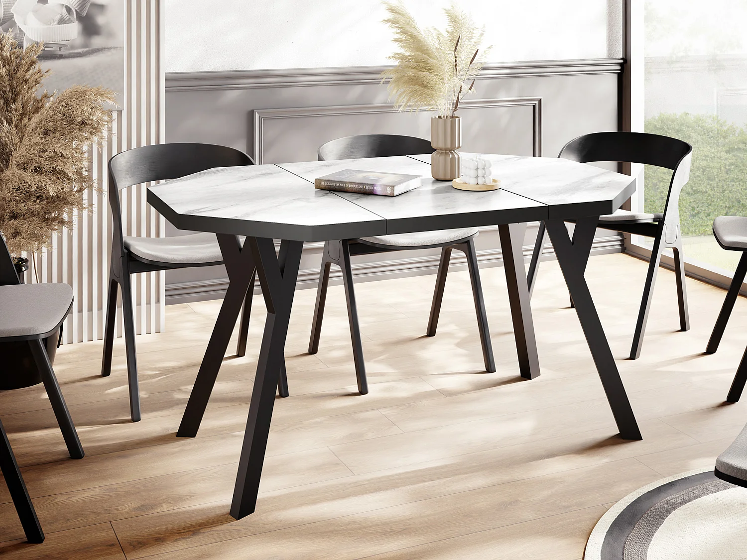 Moderner Runder Ausziehbarer Esstisch Desmond mit Schwarzen Holzbeinen – Erweiterbar bis 200 cm Ideal für 4 bis 8 Personen Loft-Stil Tisch für Küche - Marmor Weiß