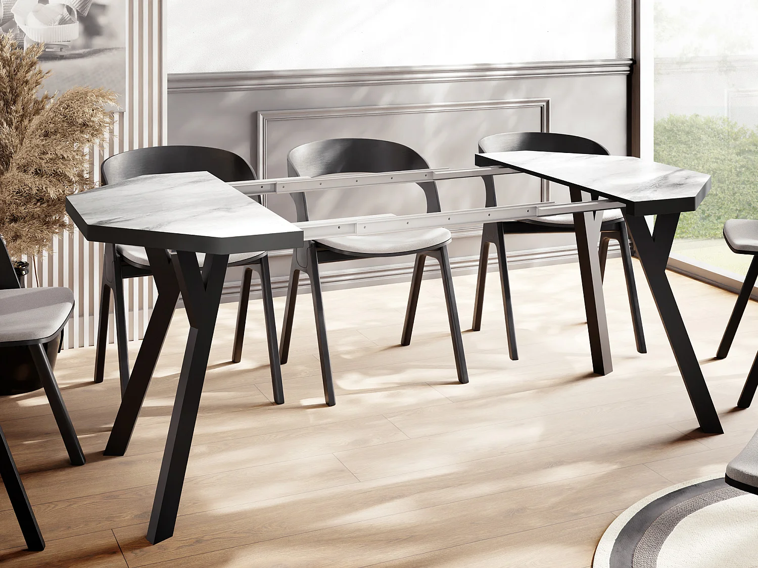 Moderner Runder Ausziehbarer Esstisch Desmond mit Schwarzen Holzbeinen – Erweiterbar bis 200 cm Ideal für 4 bis 8 Personen Loft-Stil Tisch für Küche - Marmor Weiß