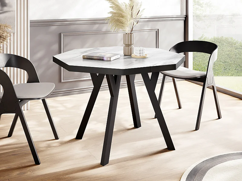 Moderner Runder Ausziehbarer Esstisch Desmond mit Schwarzen Holzbeinen – Erweiterbar bis 200 cm Ideal für 4 bis 8 Personen Loft-Stil Tisch für Küche - Marmor Weiß