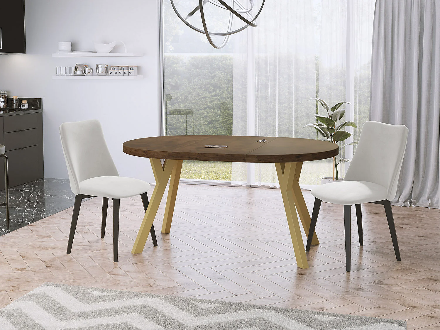 Designer Runder Ausziehbarer Esstisch - Loft-Stil, Platzsparend - Goldene Beine - 100 bis 150 cm - für 6-8 Personen - Hergestellt in EU - Lefkas Eiche - 150 cm