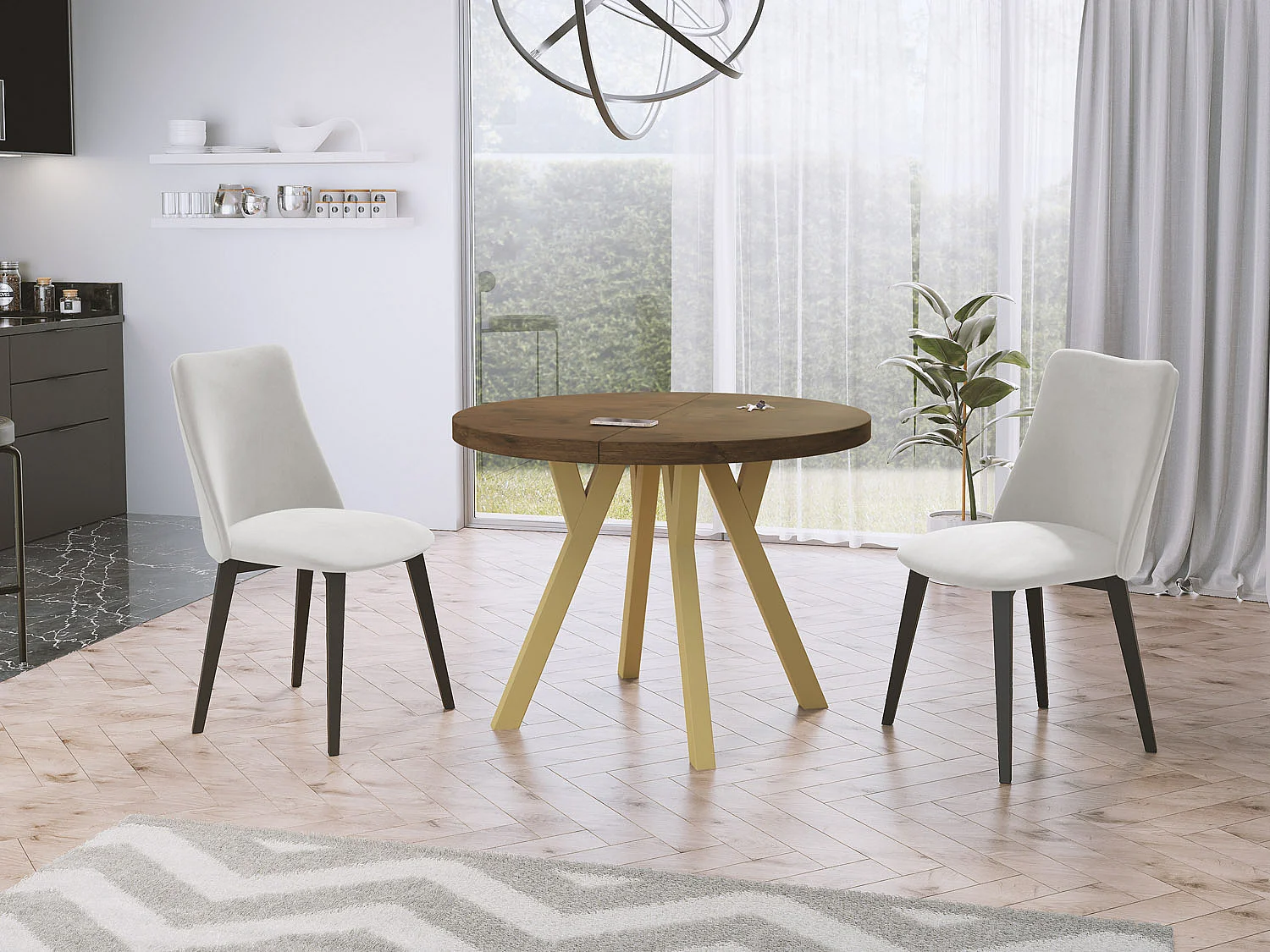 Designer Runder Ausziehbarer Esstisch - Loft-Stil, Platzsparend - Goldene Beine - 100 bis 150 cm - für 6-8 Personen - Hergestellt in EU - Lefkas Eiche - 150 cm