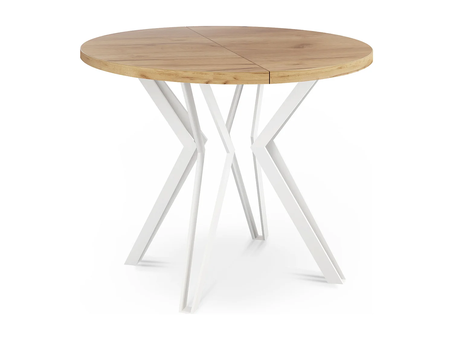 Table Ronde Salle à Manger - 120/196 cm de Diamètre - Table à Rallonges Avec Pieds en Métal Blanc - Style Industriel - Compacte - Chêne Craft