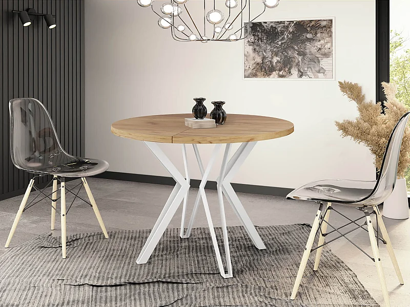 Runder Tisch für das Esszimmer - 100 oder 120 cm Durchmesser - Ausziehbarer Tisch mit Pulverbeschichteten Weißen Metallbeinen - 120 cm - Craft Eiche