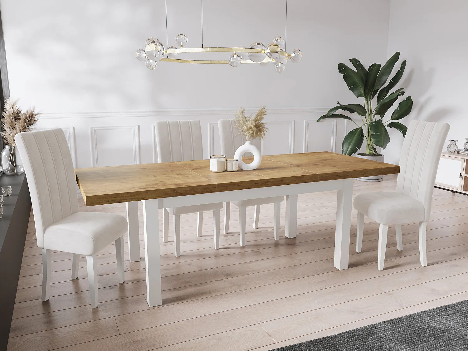 Moderner Rechteckiger Ausziehbarer Esstisch - Platzsparend - Weißen Holzbeine - 170 bis 250 cm - Hergestellt in EU - 170 x 90 cm - Lancelot Eiche