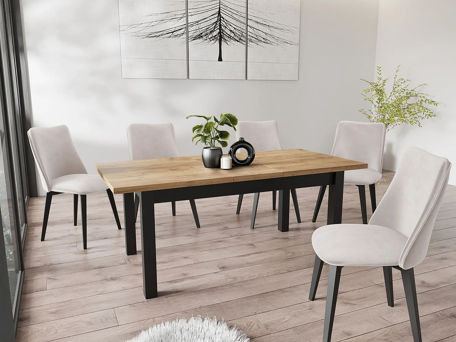 Moderner Rechteckiger Ausziehbarer Esstisch - Platzsparend - Schwarze Holzbeine - 160 bis 240 cm - Hergestellt in EU - 160 x 90 cm - Wotan Eiche