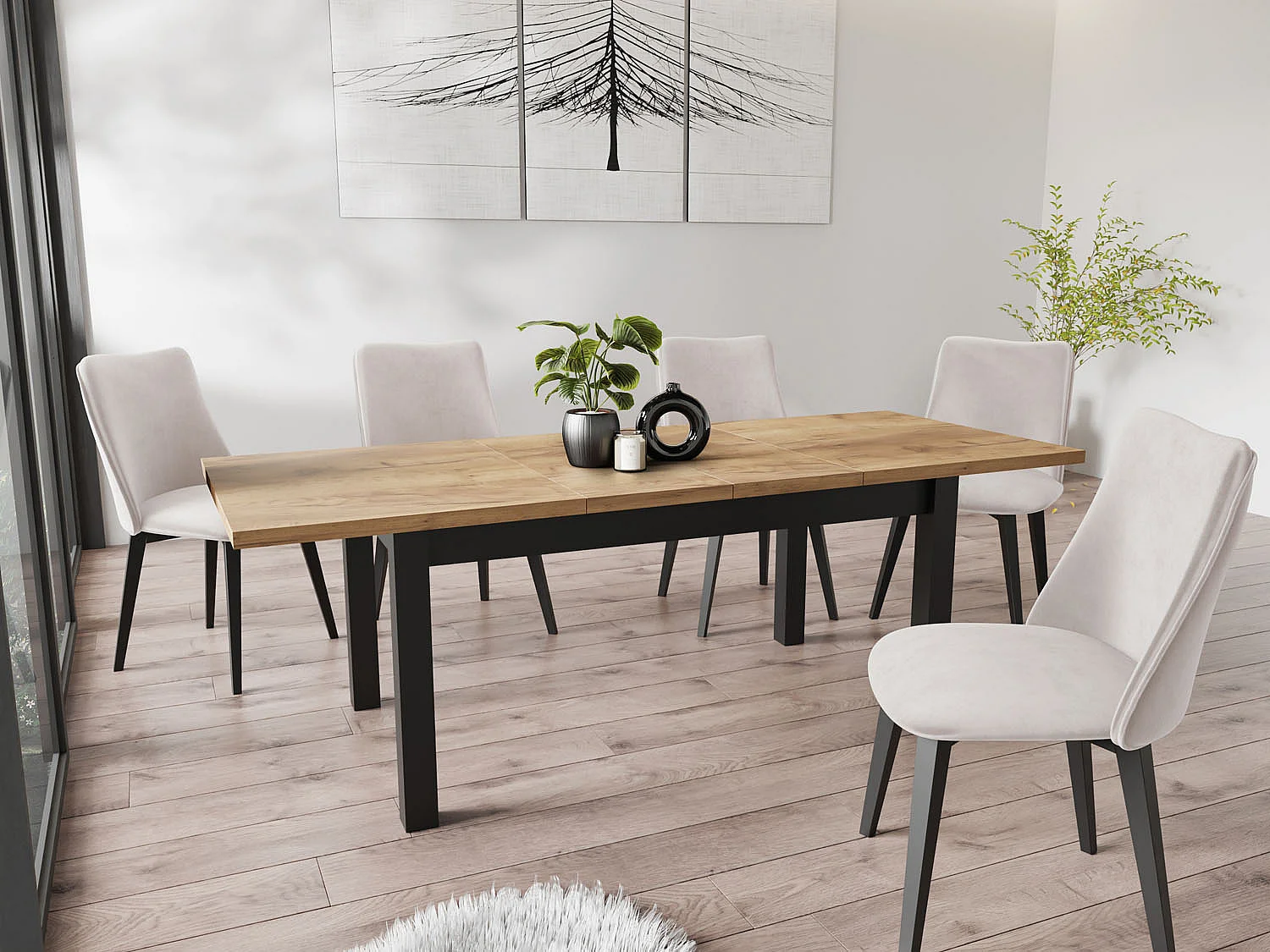 Moderner Rechteckiger Ausziehbarer Esstisch - Platzsparend - Schwarze Holzbeine - 160 bis 240 cm - Hergestellt in EU - 160 x 90 cm - Wotan Eiche