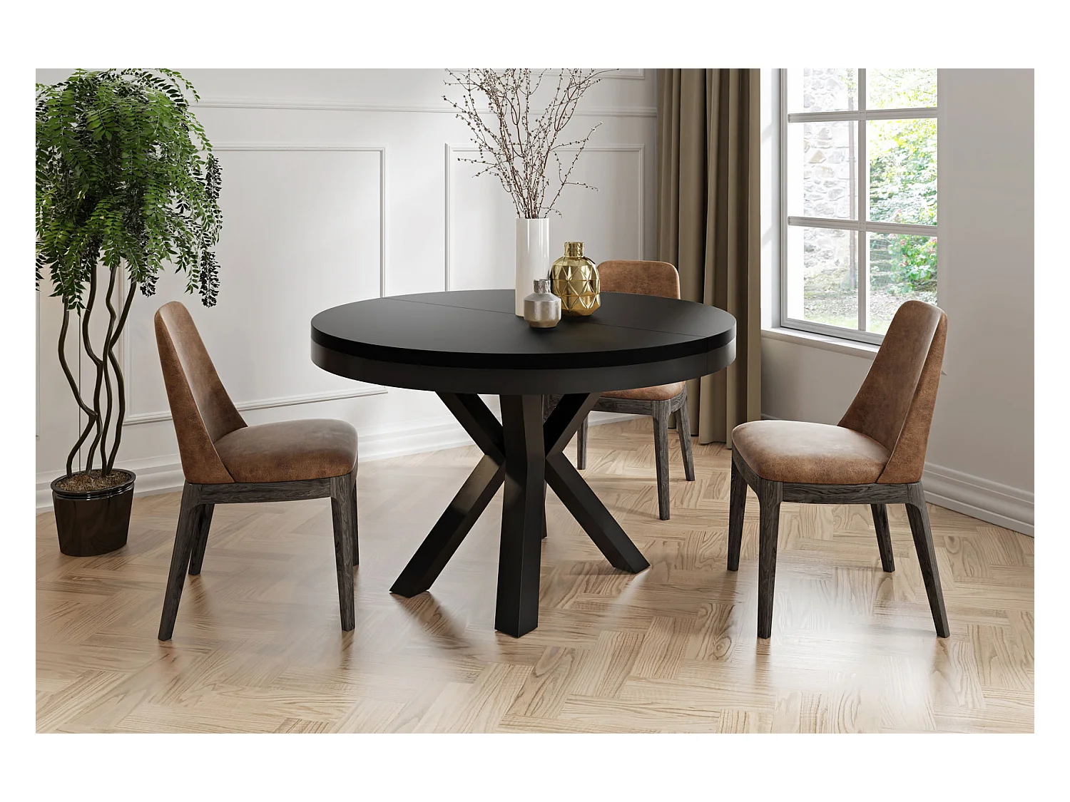 Runder Ausziehbarer Esstisch im Loft-Stil - Industrieller Tisch mit Schwarzen Metallbeinen - Platzsparender Tisch für Wohnzimmer - Schwarz - 100 bis 180 cm