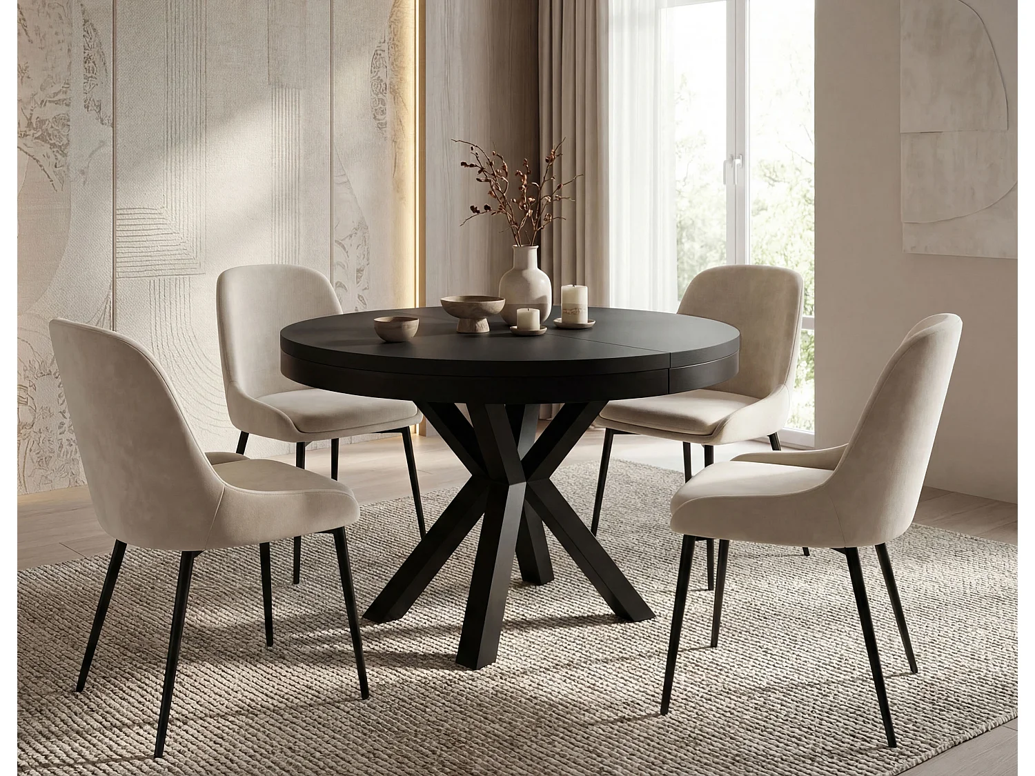 Runder Ausziehbarer Esstisch im Loft-Stil - Industrieller Tisch mit Schwarzen Metallbeinen - Platzsparender Tisch für Wohnzimmer - Schwarz - 100 bis 180 cm