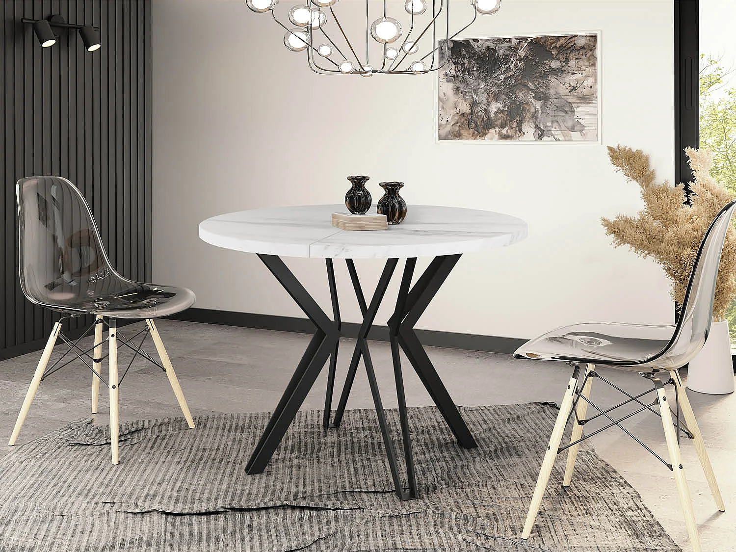 Runder Tisch für das Esszimmer - 100 oder 120 cm Durchmesser - Ausziehbarer Tisch mit Pulverbeschichteten Schwarzen Metallbeinen - 120 cm - Marmor Weiß