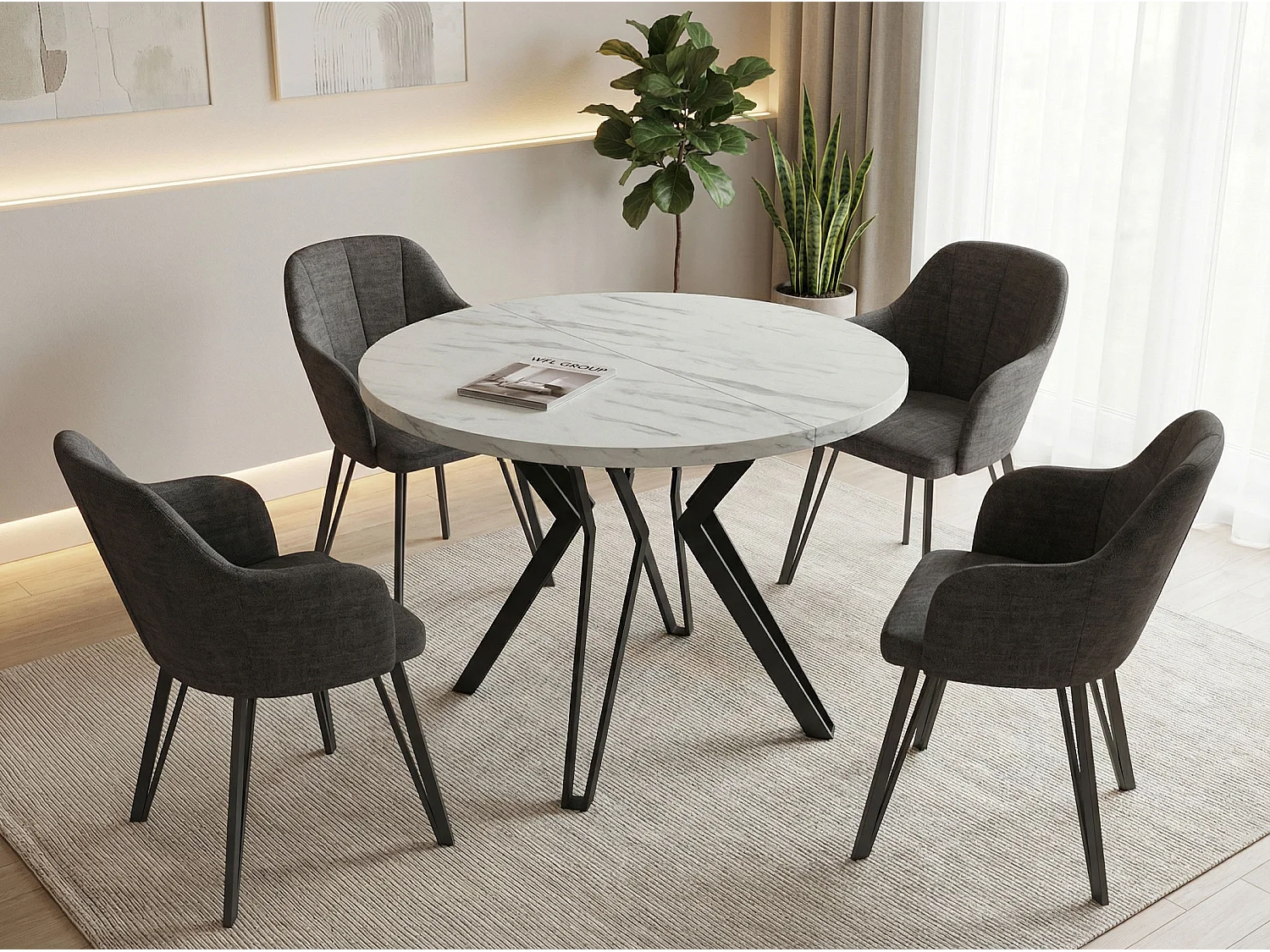 Runder Tisch für das Esszimmer - 100 oder 120 cm Durchmesser - Ausziehbarer Tisch mit Pulverbeschichteten Schwarzen Metallbeinen - 120 cm - Marmor Weiß