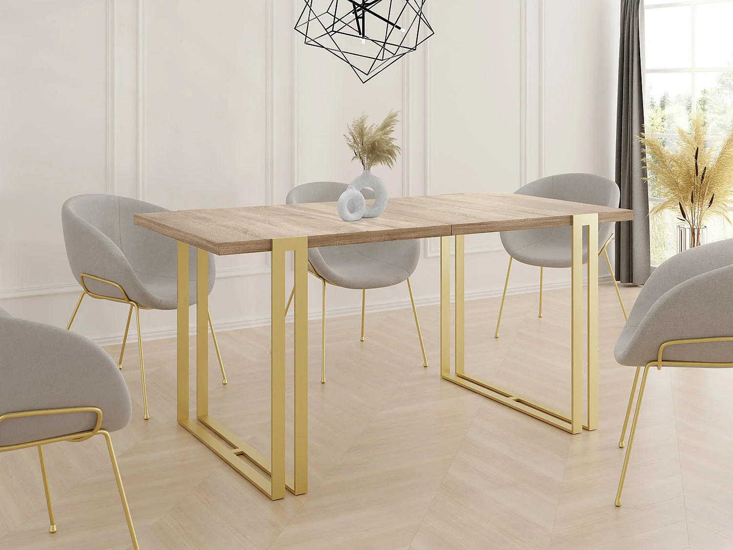 Ausziehbarer Esstisch - Großer Tisch im Loft-Stil mit Golden Metallbeinen 120 bis 220 cm - Industrietisch für das Wohnzimmer - Sonoma Eiche - 120 x 80 cm