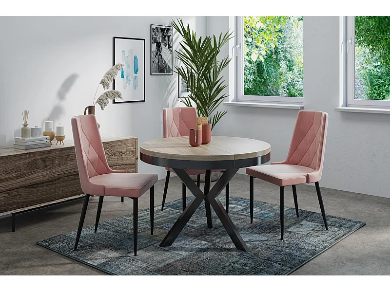 Runder Ausziehbarer Esstisch im Loft-Stil - Industrieller Tisch mit schwarzen Metallbeinen - Platzsparender Tisch für Wohnzimmer - Sonoma Eiche - 100 bis 140 cm