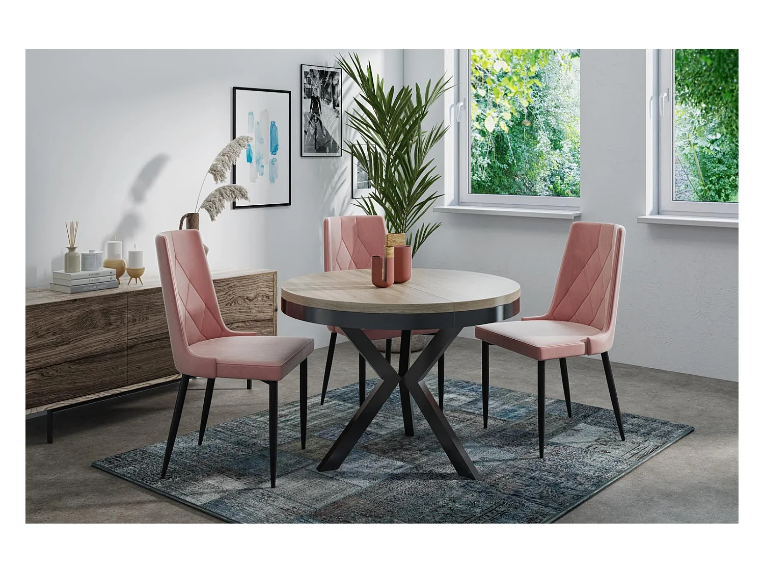 Table à manger ronde extensible style Loft - Grande table industrielle avec pieds en métal - Gain de place pour salon et séjour - Chêne Sonoma - 100 à 140 cm