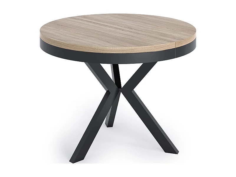 Table à manger ronde extensible style Loft - Grande table industrielle avec pieds en métal - Gain de place pour salon et séjour - Chêne Sonoma - 100 à 140 cm