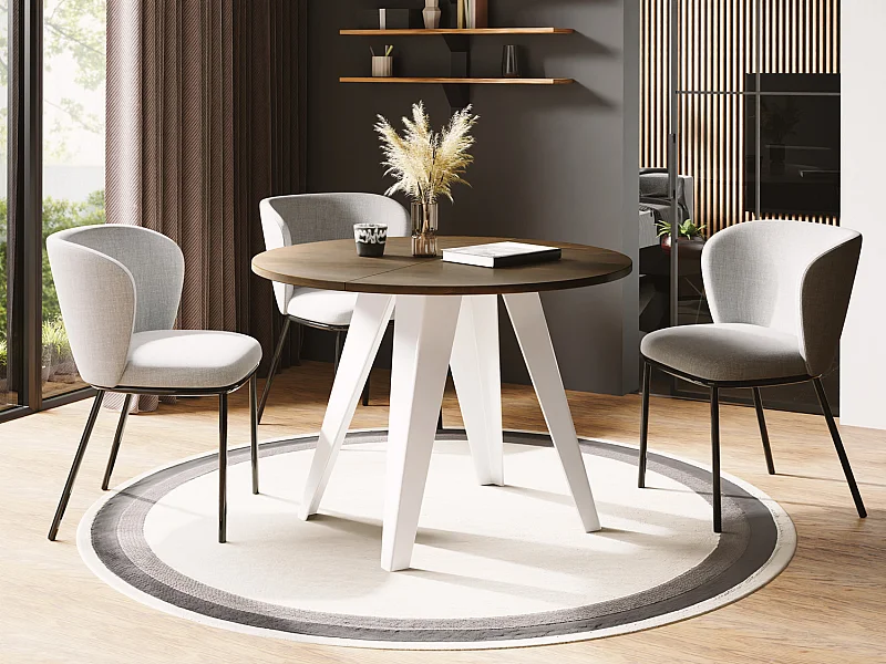 Table de salle à manger Ronde de style industriel - Moderne - Extensible de 100 cm à 140 cm - Pieds métalliques blancs - Compacte - Chêne Lefkas