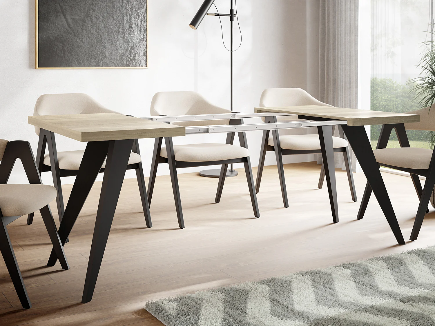 Quadratischer Ausziehbarer Esstisch Quadro 100-150 cm - Industrial Esszimmertisch mit Schwarzen Holzbeinen für 4-6 Personen - Loft-Stil Küchentisch - Sonoma Eiche