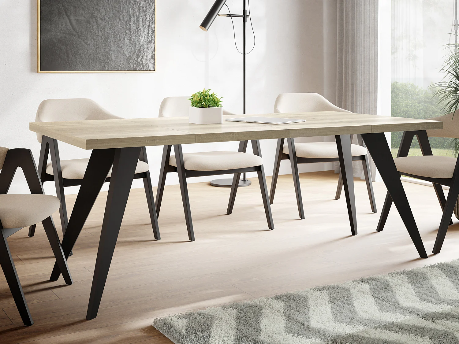 Quadratischer Ausziehbarer Esstisch Quadro 100-150 cm - Industrial Esszimmertisch mit Schwarzen Holzbeinen für 4-6 Personen - Loft-Stil Küchentisch - Sonoma Eiche