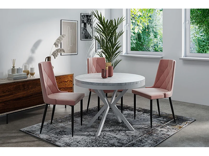 Table à Manger Extensible Ronde - Table Style Loft Avec Pieds en Métal Blancs - 120 à 200 cm - Table Ronde Style Industriel Pour le Salon - 120 cm - Gris Béton