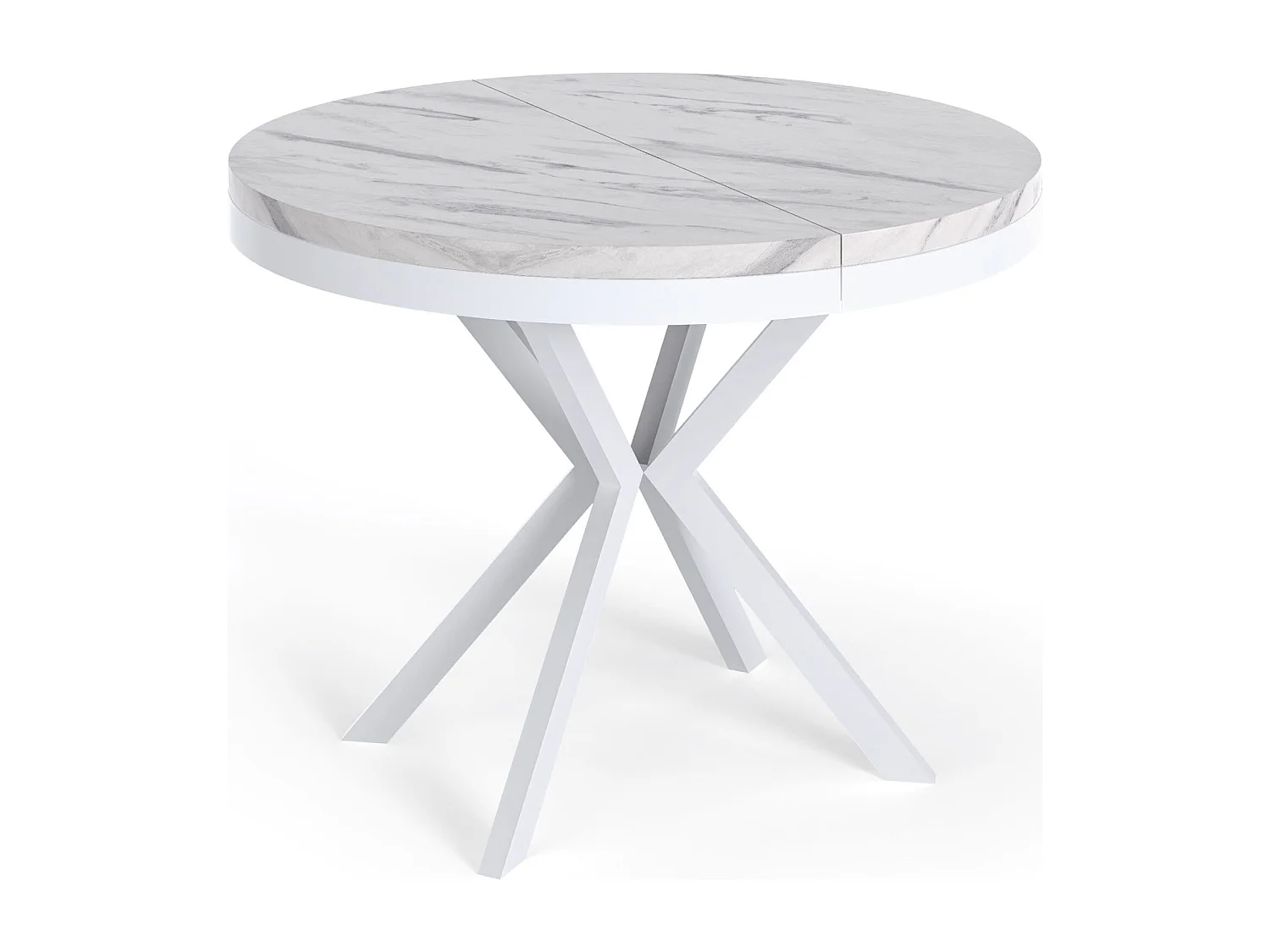 Runder Ausziehbarer Esstisch - Loft Style Tisch mit Weißen Metallbeinen - 90 bis 170 cm - Industrieller Tisch für Wohnzimmer - Kompakt - 90 cm - Marmor Weiß