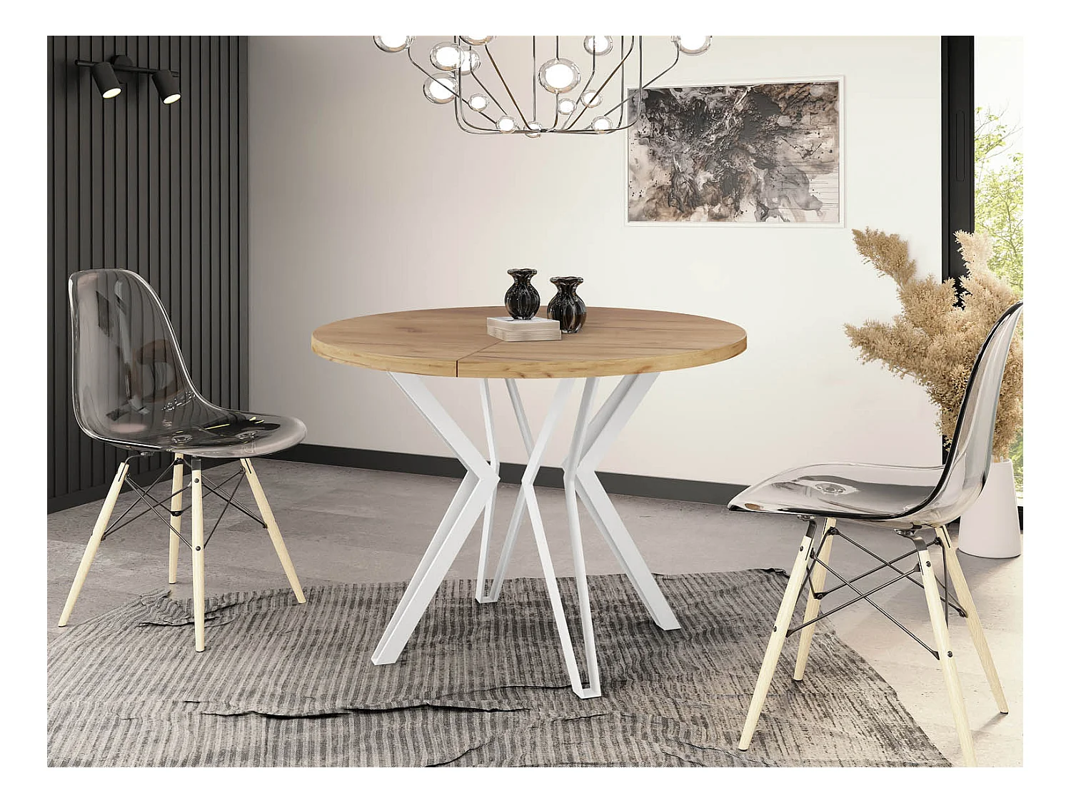 Runder Tisch für das Esszimmer - 100 oder 120 cm Durchmesser - Ausziehbarer Tisch mit Pulverbeschichteten Weißen Metallbeinen - 100 cm - Craft Eiche