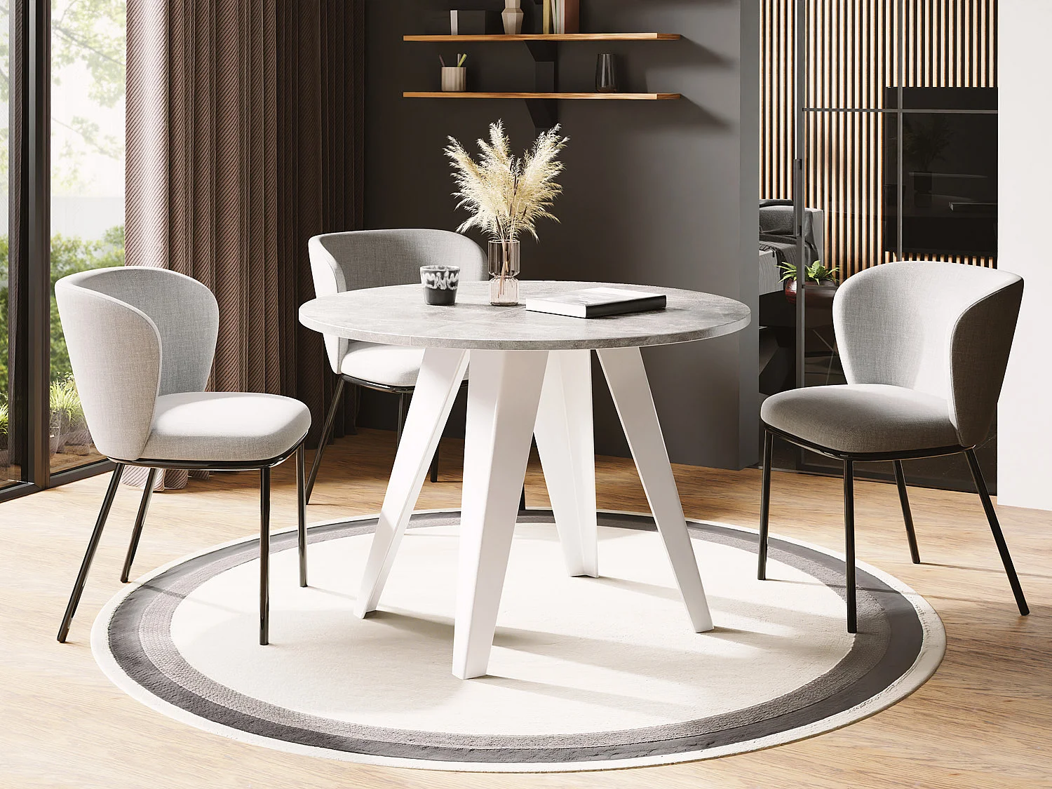 Esstisch Glory Weiß im Industriestil - Modern, Rund - Ausziehbar von 100 cm bis 140 cm, Pulverbeschichtete Metallbeine - Beton Grau