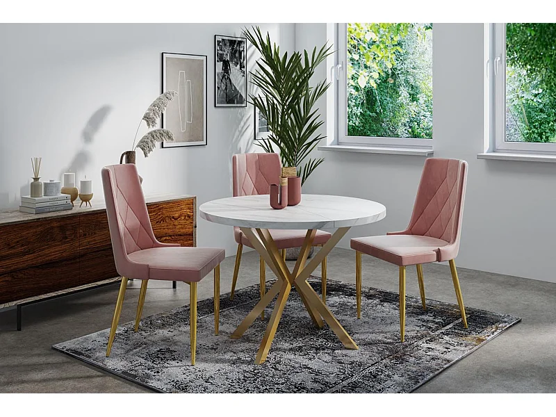 Table à Manger Extensible Ronde - Table Style Loft Avec Doré Pieds en Métal - 100 à 180 cm - Table Ronde Style Industriel Pour le Salon - 100 cm - Marbre Blanc