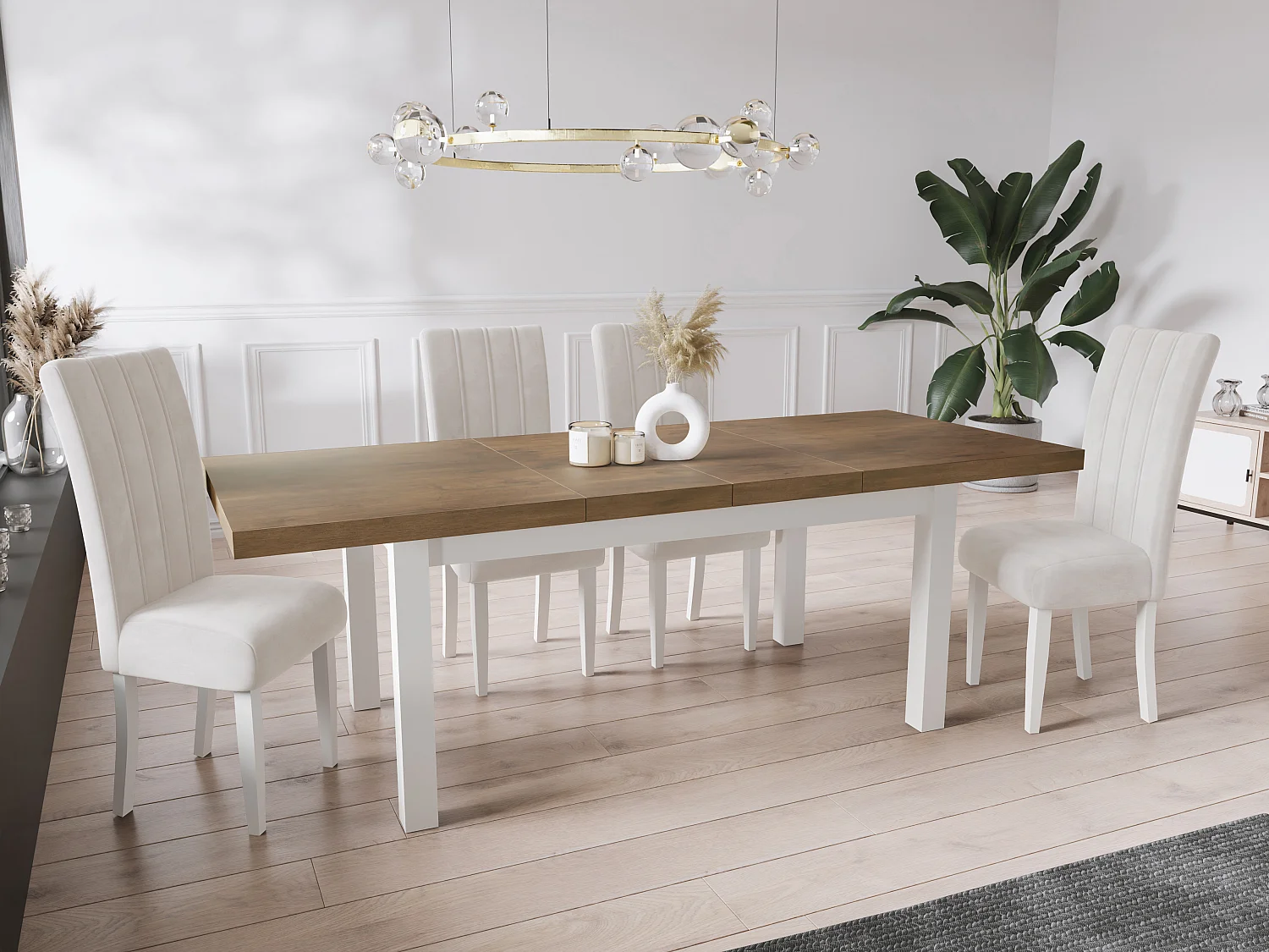 Moderner Rechteckiger Ausziehbarer Esstisch - Platzsparend - Weißen Holzbeine - 170 bis 250 cm - Hergestellt in EU - 170 x 90 cm - Lefkas Eiche