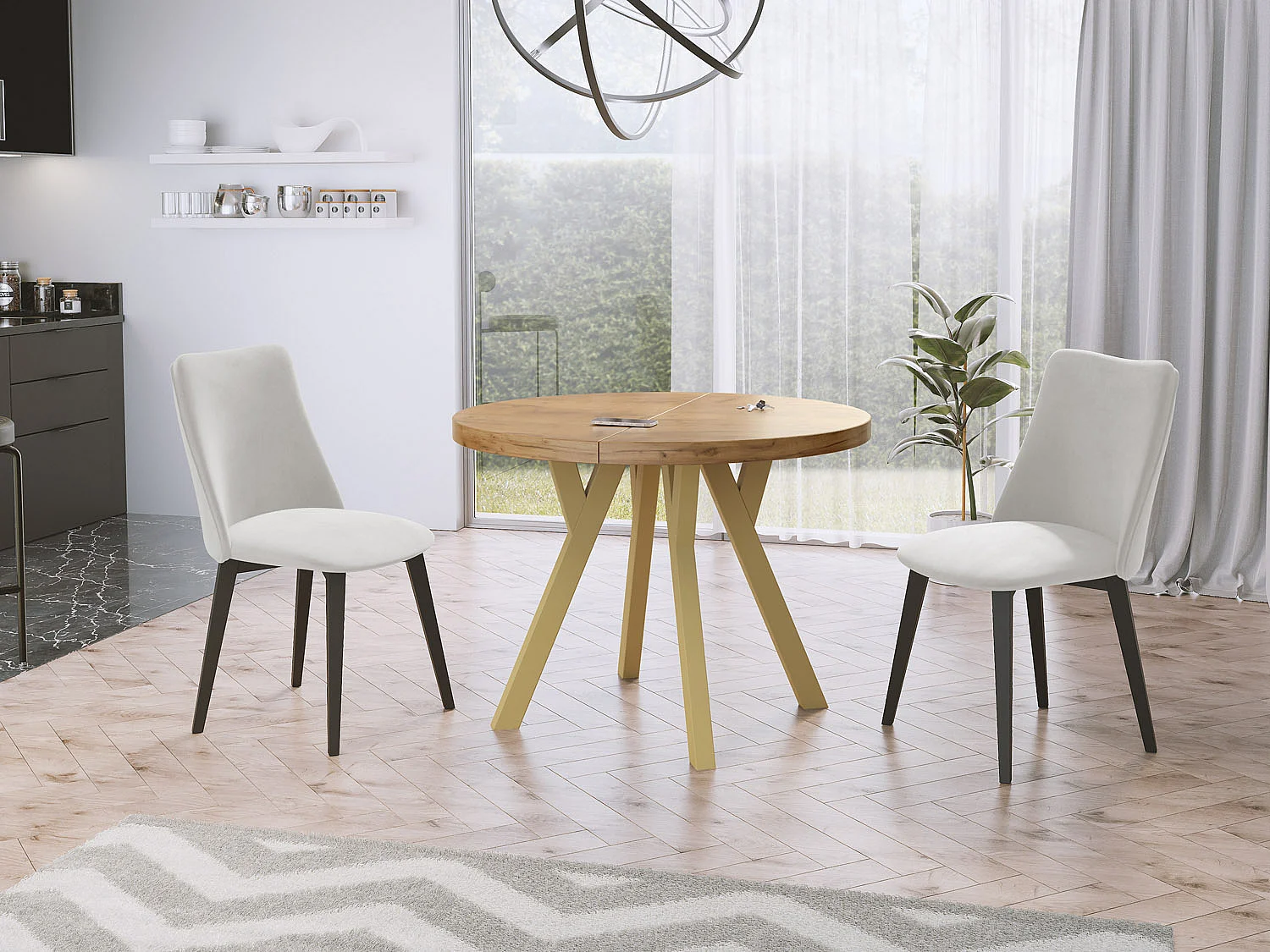 Designer Runder Ausziehbarer Esstisch - Loft-Stil, Platzsparend - Goldene Beine - 100 bis 200 cm - für 8-10 Personen - Hergestellt in EU - Wotan Eiche - 200 cm