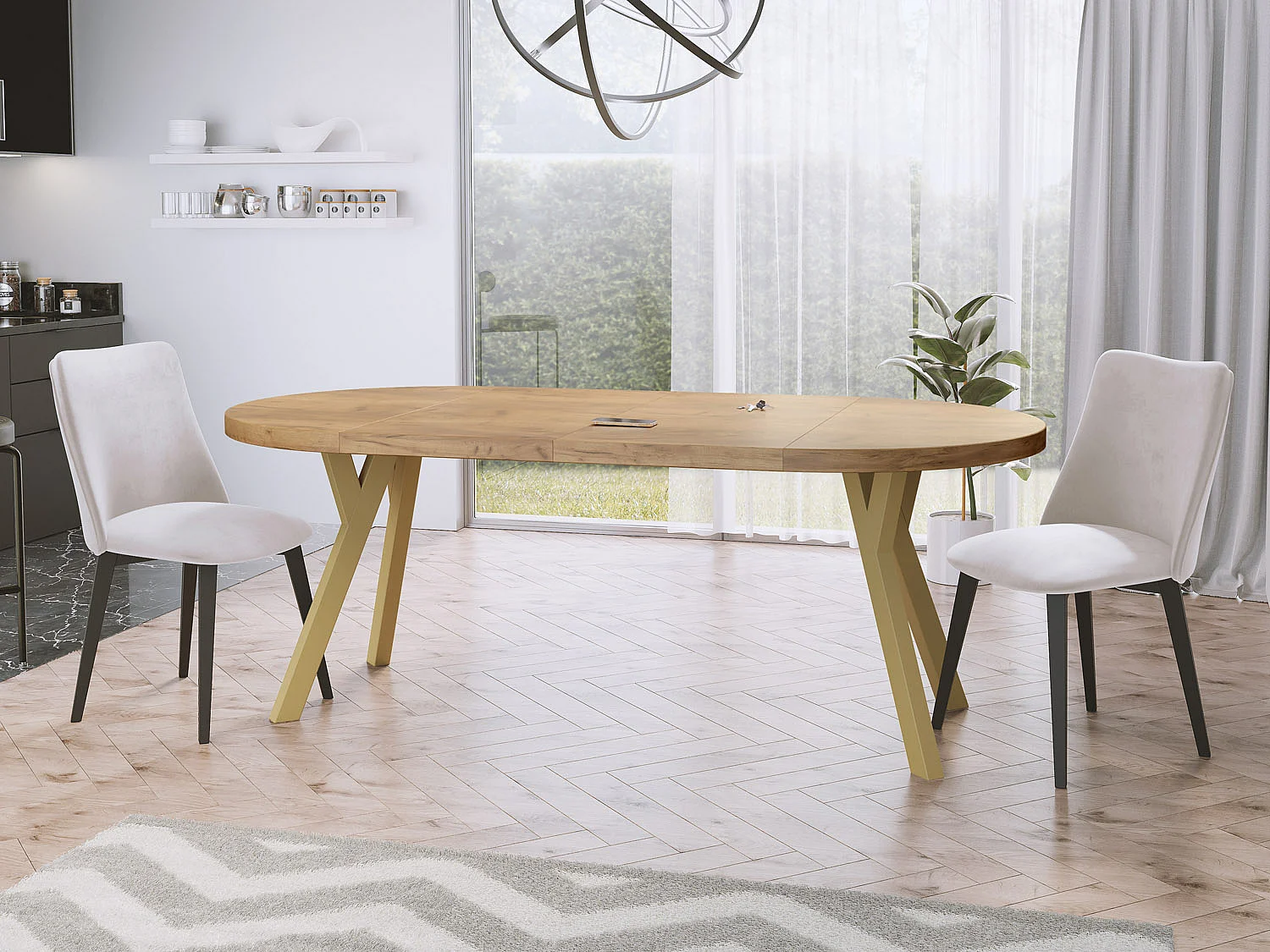 Designer Runder Ausziehbarer Esstisch - Loft-Stil, Platzsparend - Goldene Beine - 100 bis 200 cm - für 8-10 Personen - Hergestellt in EU - Wotan Eiche - 200 cm