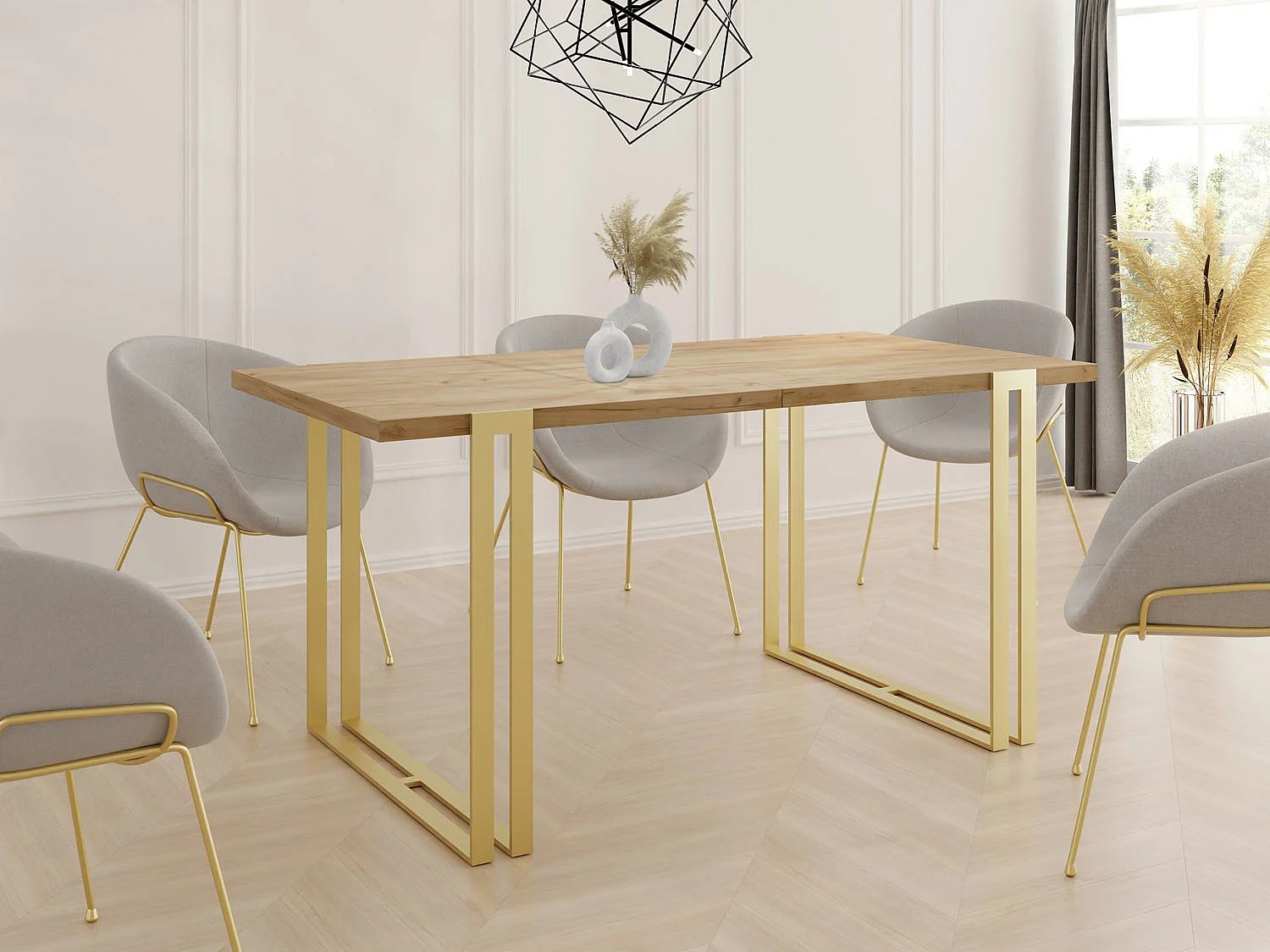 Ausziehbarer Esstisch - Großer Tisch im Loft-Stil mit Golden Metallbeinen 140 bis 240 cm - Industrietisch für das Wohnzimmer - Craft Eiche -140 x 80 cm