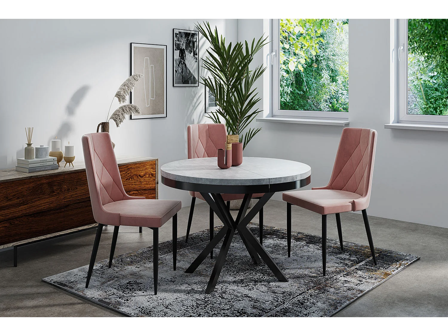 Runder Ausziehbarer Esstisch - Loft Style Tisch mit Metallbeinen - 100 bis 180 cm - Industrieller Tisch für Wohnzimmer - Kompakt - 100 cm - Beton Grau