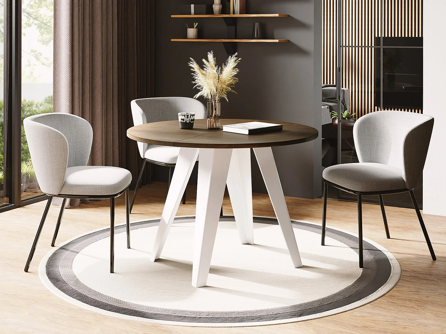 Esstisch Glory Weiß im Industriestil - Modern, Rund - Ausziehbar von 90 cm bis 130 cm, mit Pulverbeschichteten Metallbeinen, Tisch für Kleine Küche - Lefkas Eiche