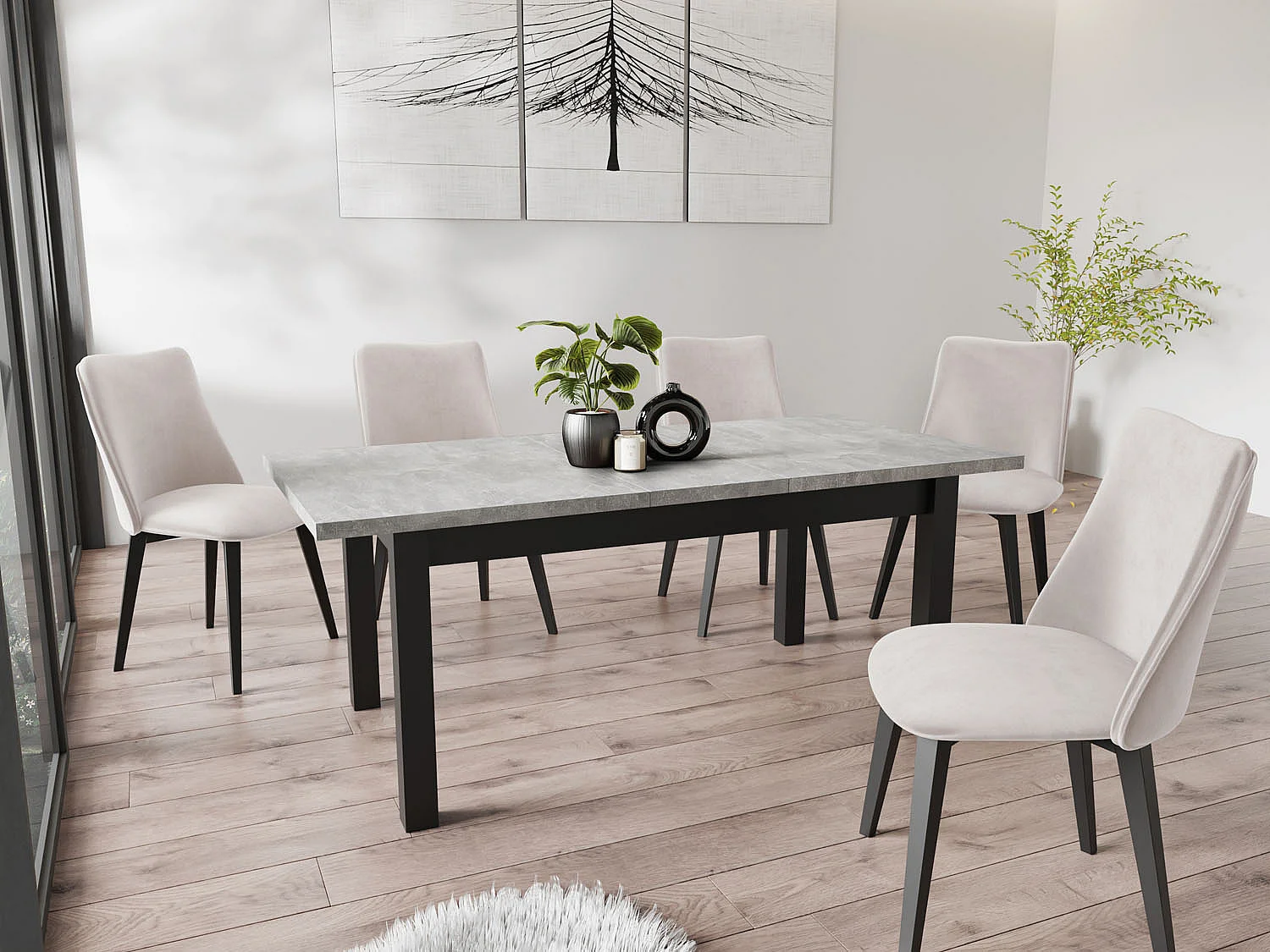 Moderner Rechteckiger Ausziehbarer Esstisch - Platzsparend - Schwarze Holzbeine - 120 bis 160 cm - Hergestellt in EU - 120 x 67 cm - Grau Beton