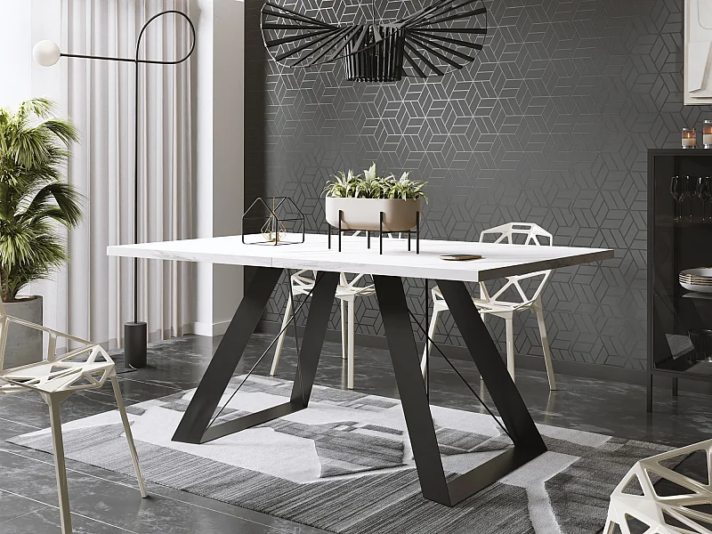 Esstisch Colter Schwarz im Modernen Still, Rechteckig Tisch - Ausziehbar von 160 cm bis 260 cm, Pulverbeschichtete Weiße Metallbeine - 160 x 80 cm - Marmor Weiß
