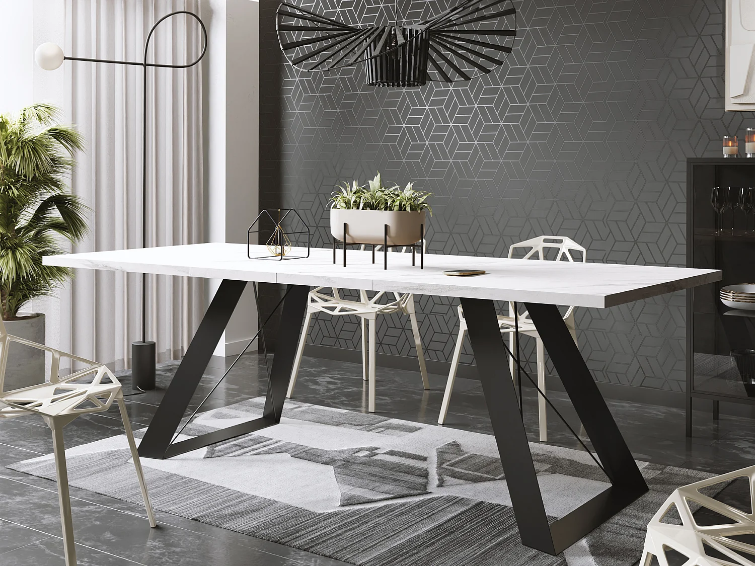 Esstisch Colter Schwarz im Modernen Still, Rechteckig Tisch - Ausziehbar von 160 cm bis 260 cm, Pulverbeschichtete Weiße Metallbeine - 160 x 80 cm - Marmor Weiß