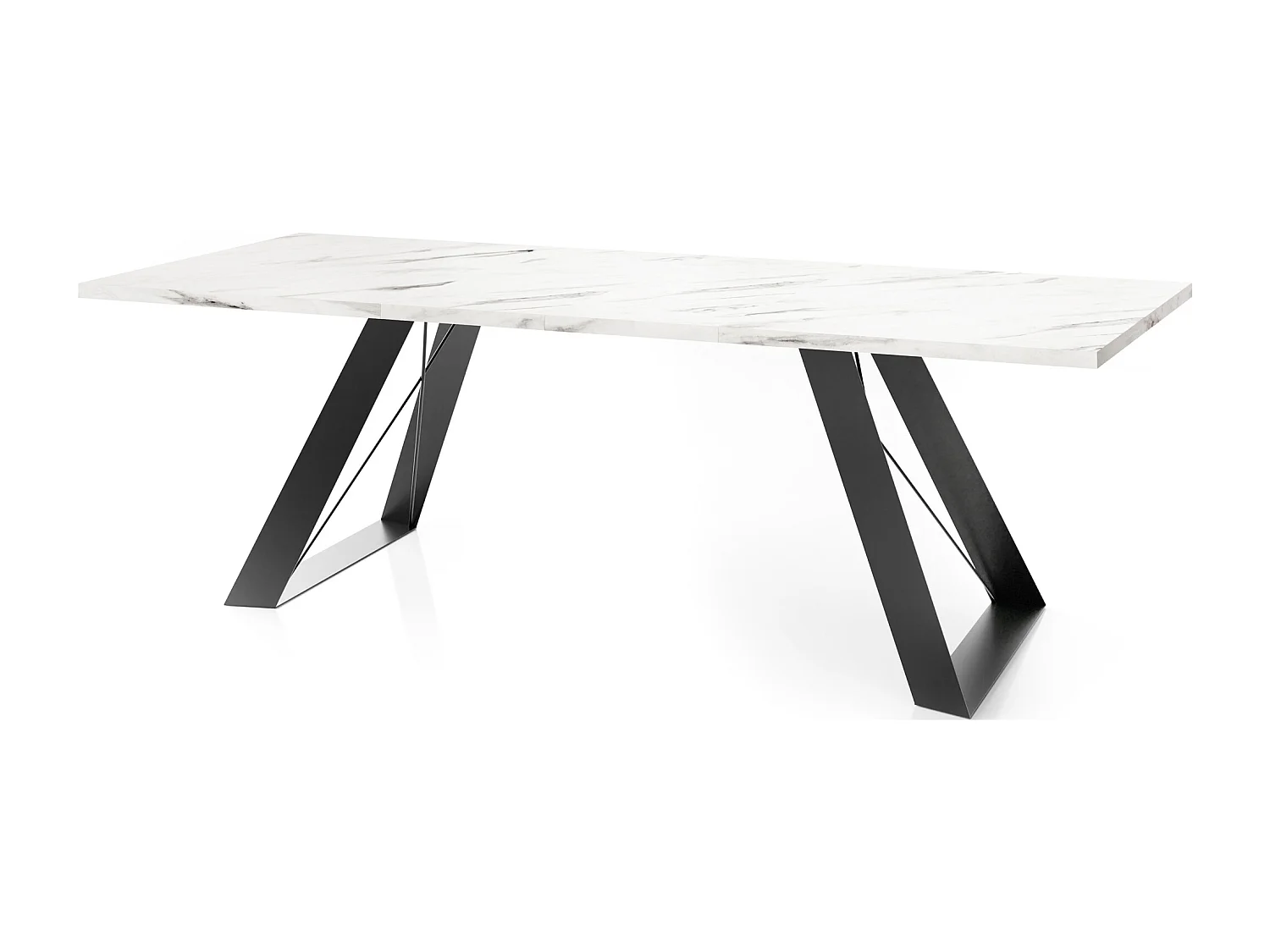 Esstisch Colter Schwarz im Modernen Still, Rechteckig Tisch - Ausziehbar von 160 cm bis 260 cm, Pulverbeschichtete Weiße Metallbeine - 160 x 80 cm - Marmor Weiß