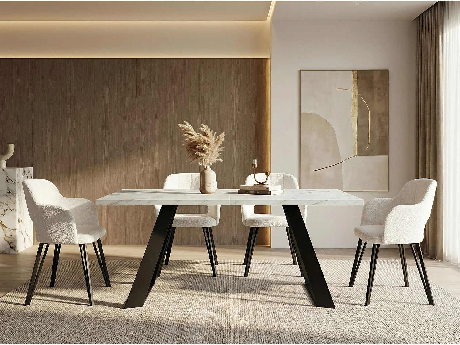 Esstisch Colter Schwarz im Modernen Still, Rechteckig Tisch - Ausziehbar von 160 cm bis 260 cm, Pulverbeschichtete Weiße Metallbeine - 160 x 80 cm - Marmor Weiß