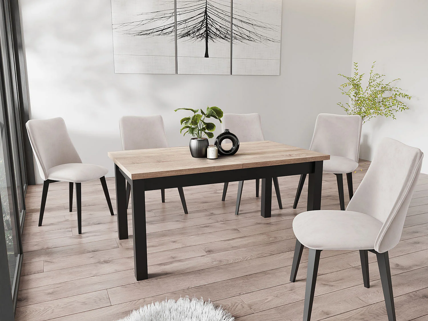 Moderner Rechteckiger Ausziehbarer Esstisch - Platzsparend - Schwarze Holzbeine - 160 bis 200 cm - Hergestellt in EU - 160 x 80 cm - Sonoma Eiche