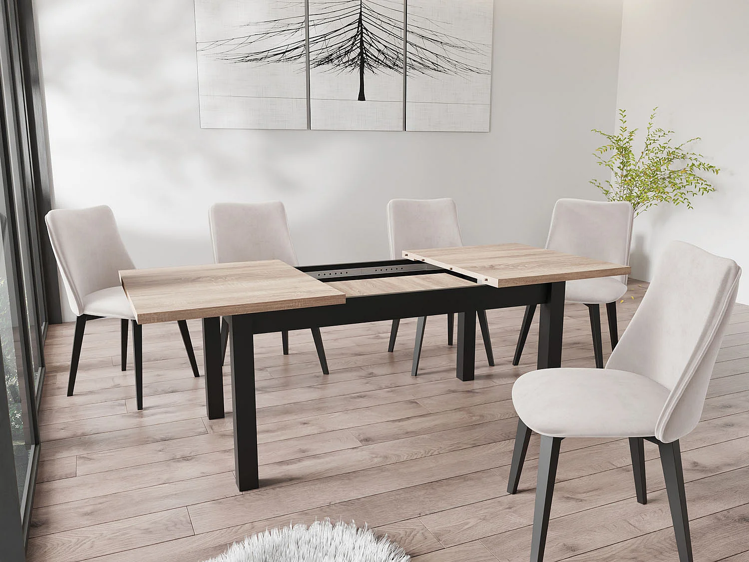 Moderner Rechteckiger Ausziehbarer Esstisch - Platzsparend - Schwarze Holzbeine - 160 bis 200 cm - Hergestellt in EU - 160 x 80 cm - Sonoma Eiche