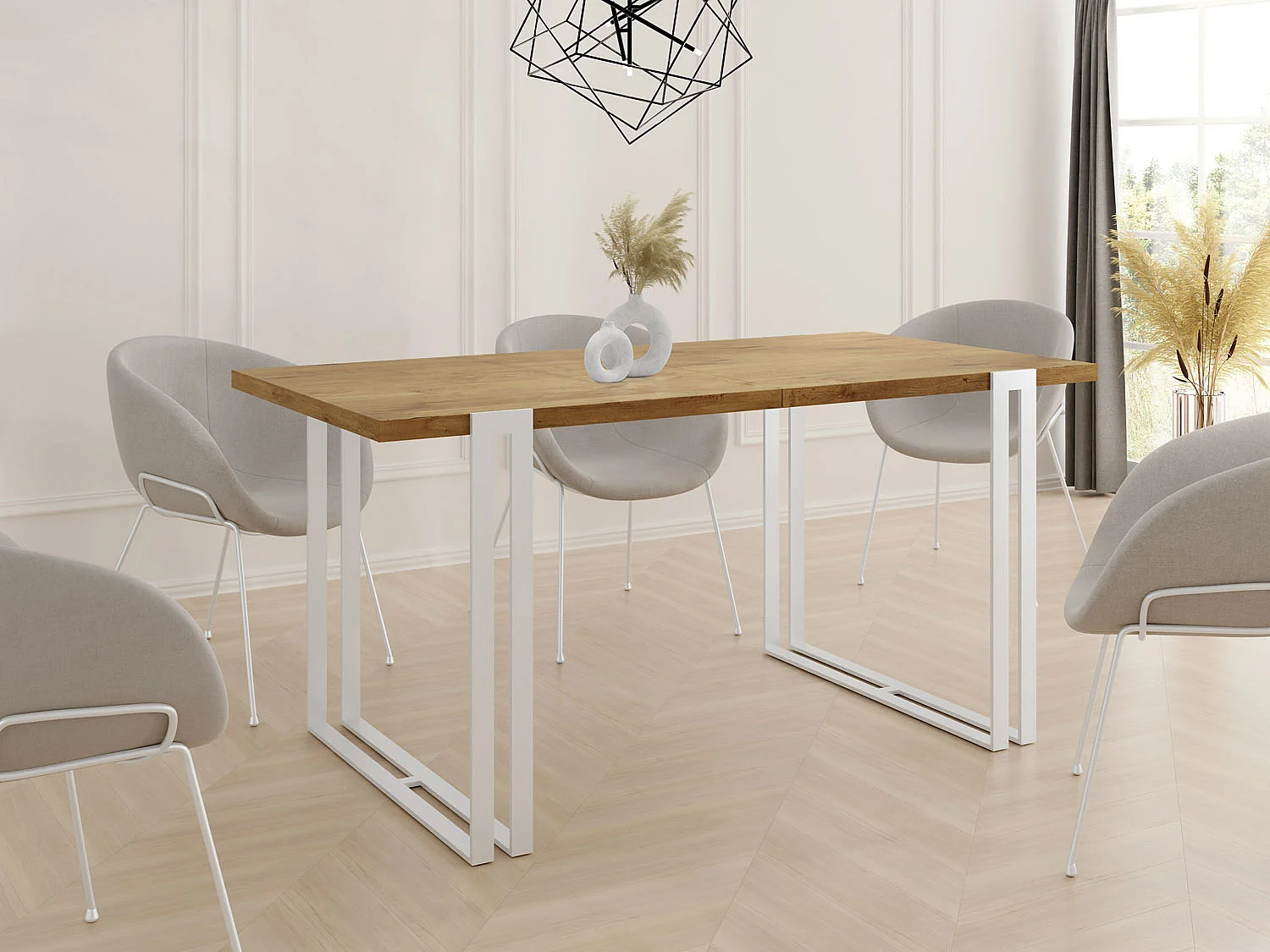 Ausziehbarer Esstisch - Großer Tisch im Loft-Stil mit Weiße Metallbeinen 120 bis 220 cm - Industrietisch für das Wohnzimmer - Lancelot Eiche - 120 x 80 cm