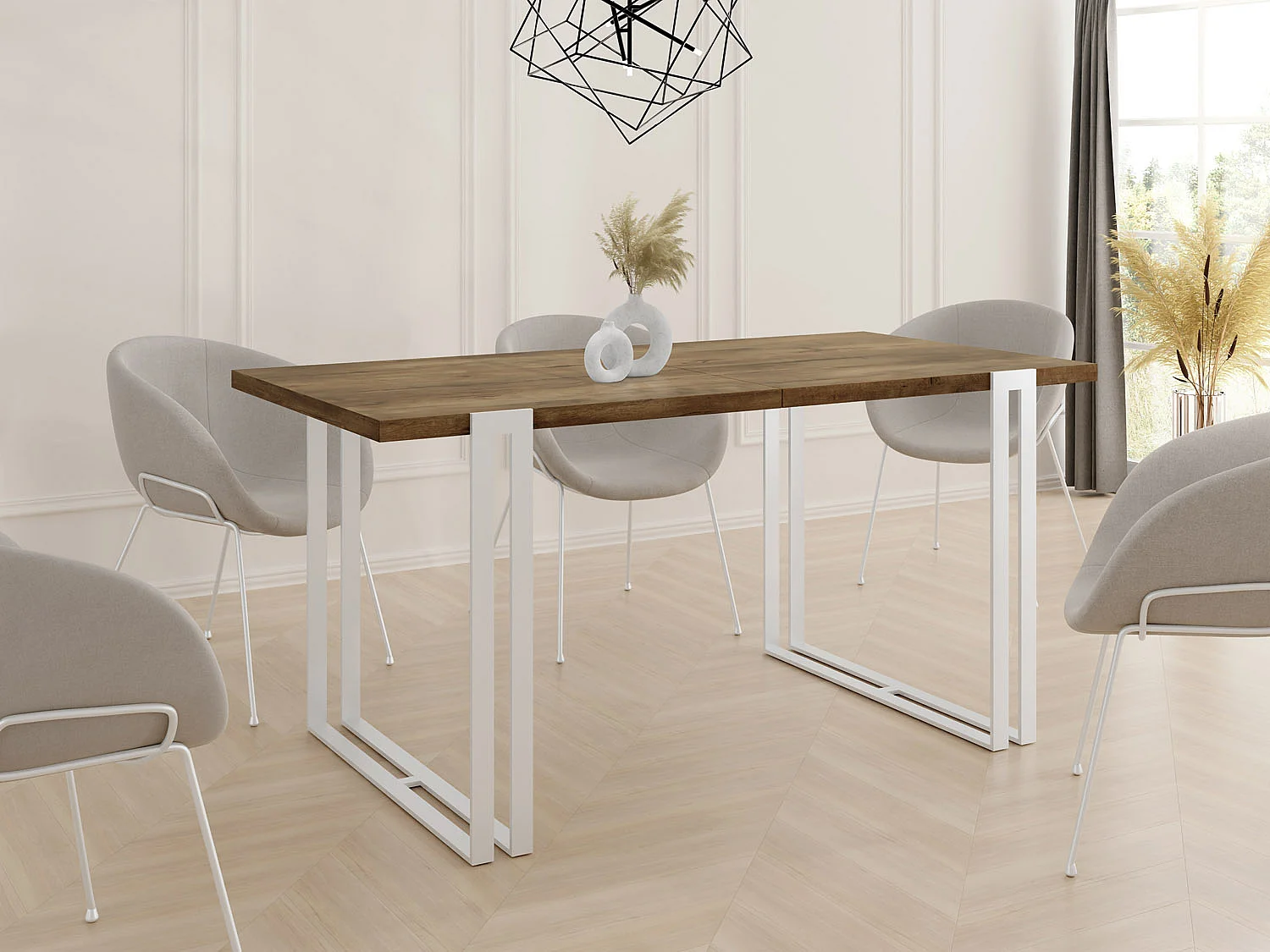 Ausziehbarer Esstisch - Großer Tisch im Loft-Stil mit Weiße Metallbeinen 120 bis 220 cm - Industrietisch für das Wohnzimmer - Lefkas Eiche - 120 x 80 cm