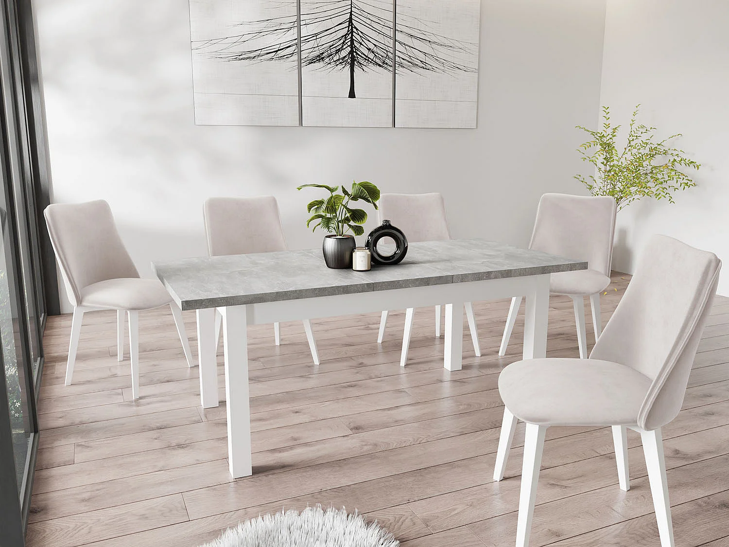 Moderner Rechteckiger Ausziehbarer Esstisch - Platzsparend - Weiße Holzbeine - 160 bis 240 cm - Hergestellt in EU - 160 x 90 cm - Grau Beton